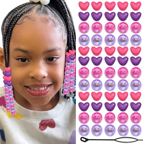 60PCS Heart Hair Beads Purple Hot Pink Loc Bead Valentine's Day Accessories Lovely AB Round Beads for Dreadlock Cute Acrylic Pony Bead for Kids Girls - color: Purple&Hot Pink