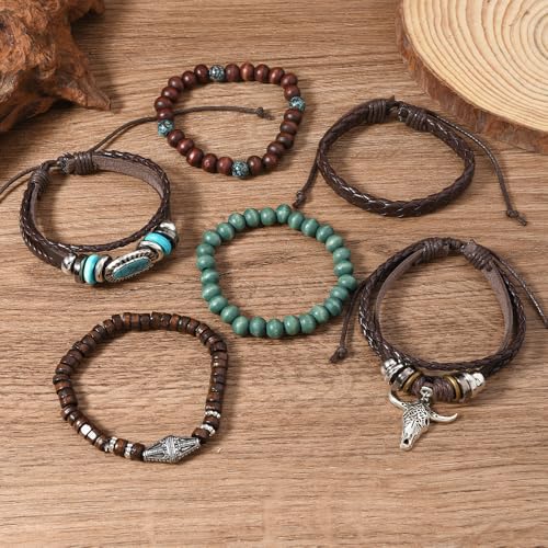 Turquoise Leather Western Bracelets for Women Men Bohemian Retro Turquoise Wrap Bracelets Exquisite Layered Stacked Cowboy Cowgirl Bracelet Western Country Concert Outfits Leather Cuff Bracelet for Women - style: Bull Head