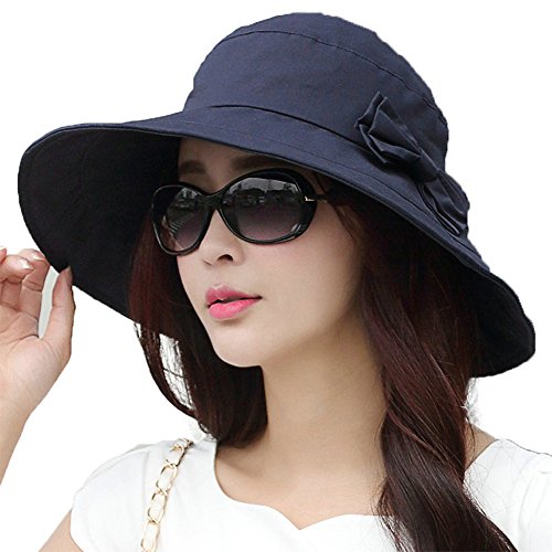 Comhats Packable Summer Cotton Sun Hat Bucket for Women UV Protection Wide Brim Beach Gardening Travel 54-64CM - color: Navy, size: Medium