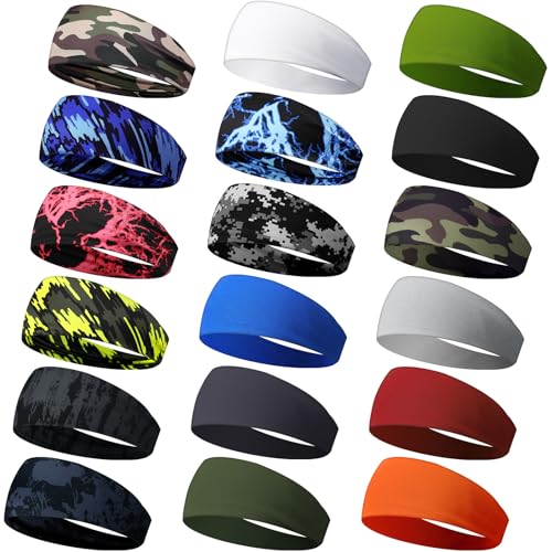 18 Pcs Sports Sweatbands for Men Women Camo Headbands Workout Non Slip Headbands Breathable Head Band Fitness Stretchy Unisex Hairband for Yoga Running Cycling Ball - color: Retro Colors