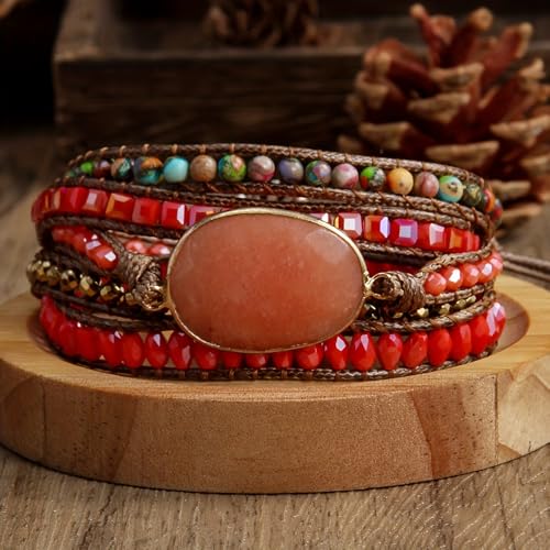 Women Wrap Bracelet Boho Natural Jasper Crystal Stone Beads Strand Bracelets - color: Orange