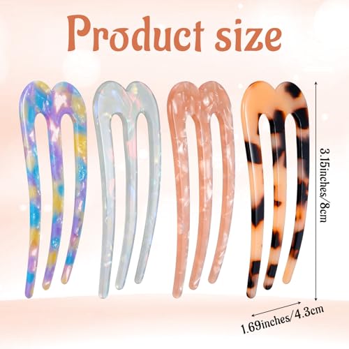 4 Pcs Large French Pins for Thick Hair 3-Prong Hair Forks Retro U Shaped Hair Pins for Women French Twist Hairs Pin Clips Chignon Pin Hairstyle Accessories (Blue Mermaid Light Tortoise Pink)