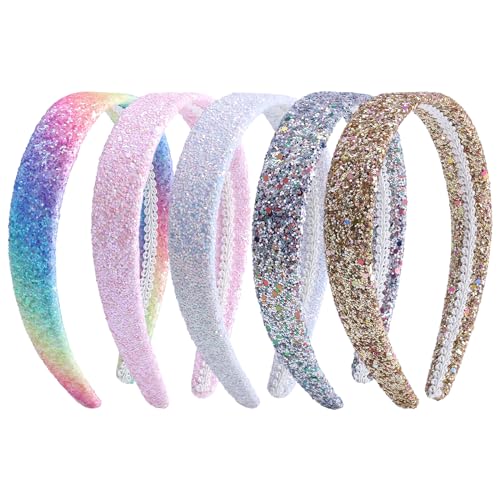 Fishdown Headbands for Girls 3 CM Wide, 5 Pack Cute Sparkly Hair Bands for Kids, Rainbow Sequin Girls Headbands for Kids Children Teens Women - color: Color-5
