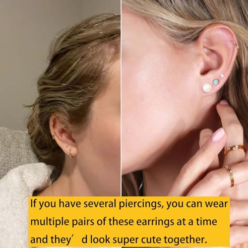 Dainty 6 Pairs Surgical Steel Earrings Sets for Multiple Piercing, Lightweight 14K Gold Plated Small Huggie Hoop Earrings, Flat Back Tiny Ball CZ Stud Earrings for Cartilage, Helix, Lobe, Hypoallergenic - style: 14K Gold- Hoops and Pearl Opal CZ Studs