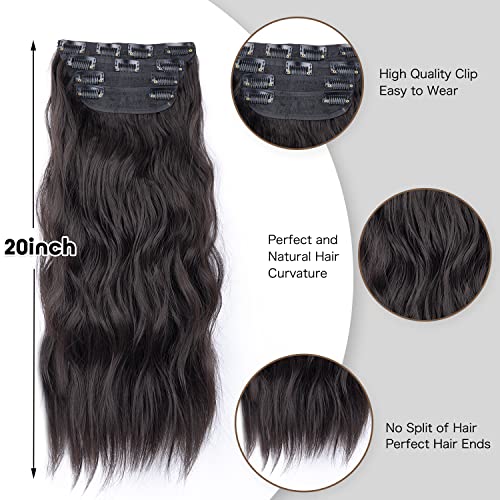 Clip in Synthetic Hair Extensions Long Wavy 4PCS Thick Hairpieces Dark Brown Fiber Double Weft Natural Hair Extensions 20 Inch for Women (4pcs, 20Inch, 6A#) - color: 6A-Dark Brown