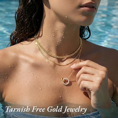 WomenGifts Layered Gold Necklaces for Women, 14K Gold Sterling Silver Plated Dainty Pendant Necklace Set Non Tarnish, Chunky Stackable Cuban Chain Choker, Trendy Birthstone Vacation Jewelry Gift - color: Gold, style: Double Circle