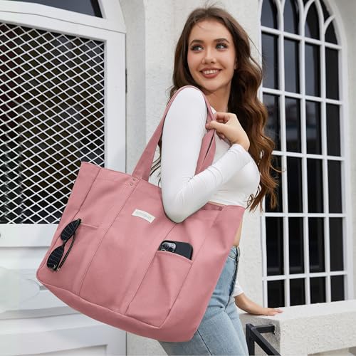 HOMESPON Large Canvas Tote Bag for Women Everything Bag with Pockets and Laptop Sleeve - color: Pink