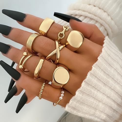 YEEZII 25 Pcs Gold Knuckle Rings Set for Women, Cute Stackable Finger Midi Rings, Dainty Gold Chunky Stacking Statement Womens ring pack - color: Gold-B-25 Pcs