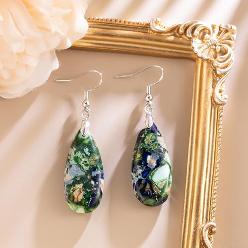 Stone Drop Earrings for Women Earrings Teardrop Jasper Stone Dangle Earrings - color: Blue&Green-Silvery Hook