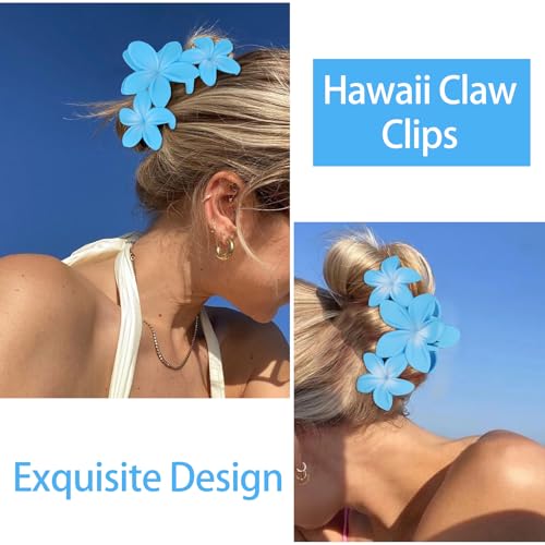 ANBALA 4PCS Flower Hair Clips Plumeria Hawaiian Claw Clips for Thick Hair Non-Slip Strong Hold Beach Accessories for Women Girls (Blue) - color: Blue