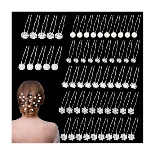 60 Pcs 7 Styles Silver Bridal Wedding Hair Pins, YINGFENG Flower Hair Clips for Women, U Shaped Crystal Pearl Hair Clips, Suitable for Brides, Bridesmaids, Women's Wedding Hair Accessories