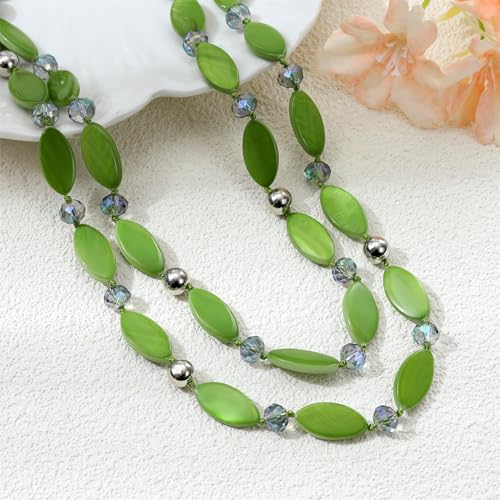 Long 48" Beaded Necklace for Women Boho Knot Strand Chunky Shell Crystal Beads Fashion Costume Jewelry for Gifts - color: Green