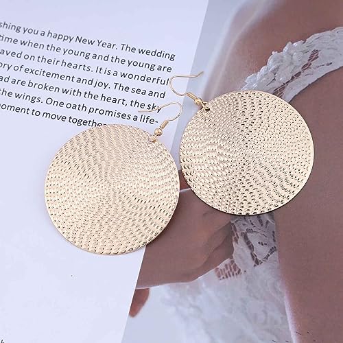 Boho Texture Disc Earrings - Gold Coin Vintage Drop Earrings, Hammered Round Circle Dangle Jewelry for Women - color: Gold