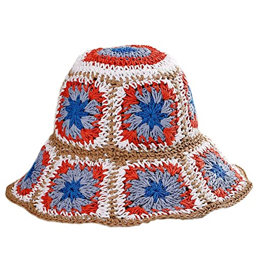 Women Straw Sun Hat Floral Woven Crochet Bucket Hat Y2k Aesthetic Accessories Beach Hat Hand Woven Boho Foldable Cap - color: Red