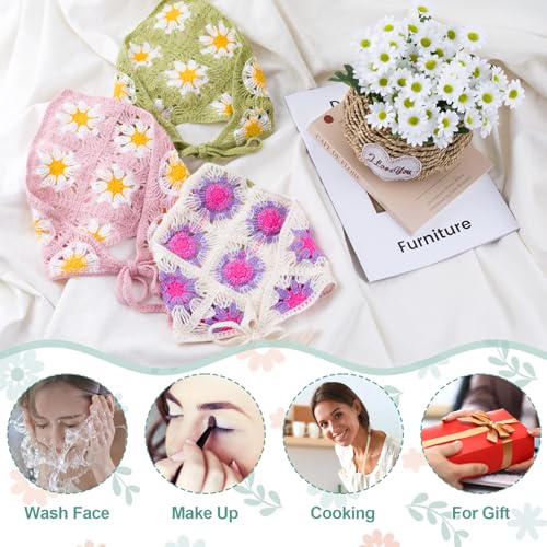 3 Pcs Daisy Crochet Bandana, Cute Bandanas for Women, Flowers Crochet Head Scarf, Floral Head Scarf for Women's hair Styling Decor (Green, Purple, Pink) - color: Green, Purple, Pink-style4