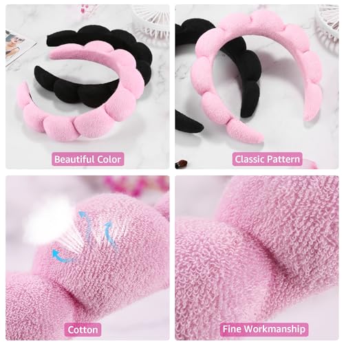 Ztomine Spa Headbands for Washing Face or Facial, Set of 2 Skincare Headbands, Terry Cloth Headband Wash Combo Pack - Puffy Makeup Washing, Mask, Skin Treatment (Black & Pink) - color: Black+Pink