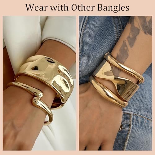PEALICIOUS 2Pcs Chunky Bracelet for Women, Girls Gold Bangle Bracelet 7in Minimalist Silver Chunky Bangles Prom Gifts, Trendy Gold Arm Cuff Upper Arm Band, Stack Bead Prom Accessories Summer Jewelry - style: gold chunky bangle