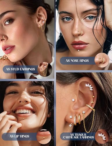 LOLIAS 16G/18G/20G Flat Back Earrings for Women Threadless Surgical Steel Stud Hoop Earrings Push in Nose Studs Hypoallergenic CZ Cartilage Earring Set Labret Helix Tragus Conch Piercing Jewelry - color: 14K Gold, size: 20G(0.8MM)-Heart&Flower