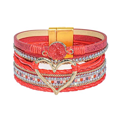 Leather Wrap Bracelet for Women, Boho Cuff Bracelet with Strong Clasp, Multi-Layer Crystal Leather Bracelet for Valentine Mother's Day - color: 01-Heart-Red