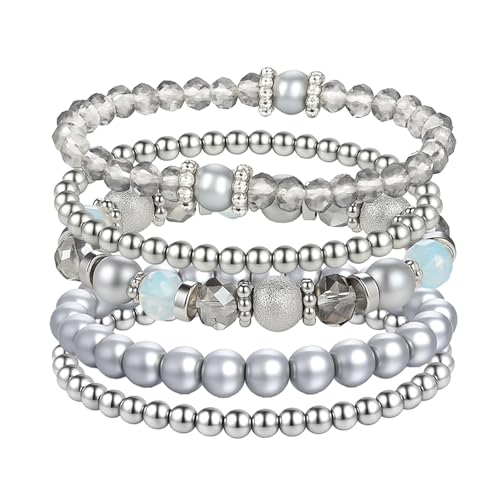 5PCS Beaded Stretch Bracelet Stackable Stylish Beaded Bracelets for Women Crystal Bead Boho Stretch Layering Stone Bracelets Trendy Costume Jewelry Gift Multilayered Disco Ball Faceted Bracelet - color: Gray, Silver
