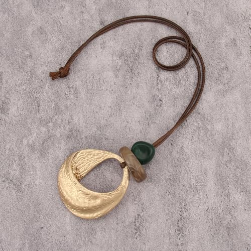 Boho Necklace for Women, Long Chunky Leather Hammered Pendant Adjustable Handmade Jewelry