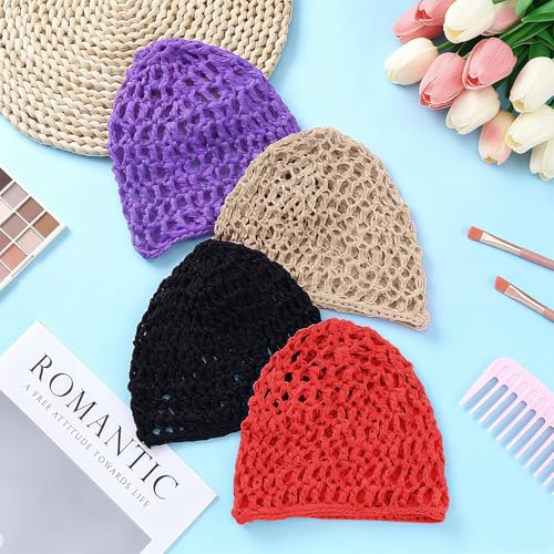 Geyoga 4 Pieces Mesh Crochet Hair Net Rayon Knit Snood Hat Thick Short Women Hairnet Snoods Cover Ornament for Sleeping (Black, Red, Skin, Purple) - color: Black, Red, Skin, Purple