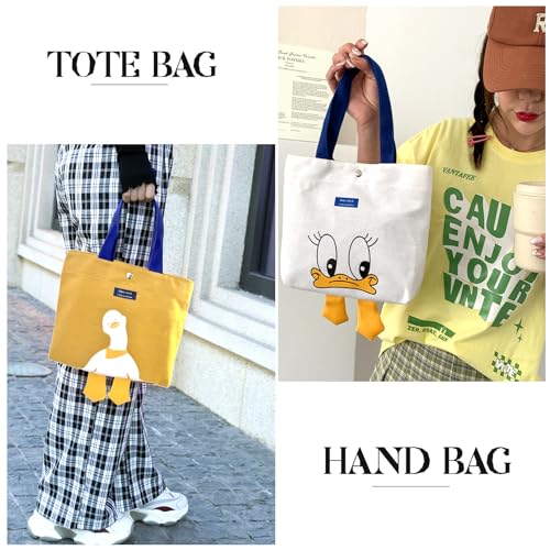 Kovewon 2PCS Small Canvas Tote Bag for Women Cute Mini Duck Book Tote Bag Preppy Reusable Bags for Grocery, Essentials, Water Bottle, Keys, Book, Bible - color: Yellow White Duck