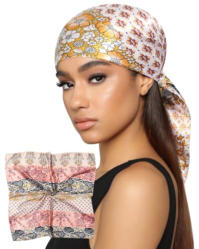 AWAYTR 35” Satin Head Scarf for Women Like Silk Scarf for Hair Scarf Satin Hair Bandana Women Headscarf Hair Wrap Scarf Neck - color: Cashew - Pink + Orange