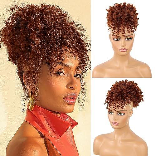 Drawstring Ponytail with Bangs - Afro Puff Extensions for Women, Short Curly Clip in Wrap Updo Hairpiece (350#) - color: 350#