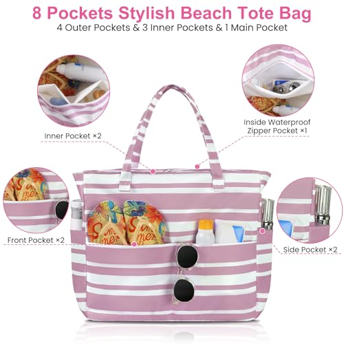Trifabricy Beach Bags for Women Waterproof Sandproof Women Tote Bag, Large Beach Bag with Zipper for Gym Travel Vocation - color: Pink