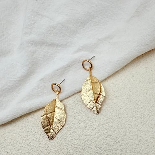 Stud Earrings for Women 14k Gold Plated Geometric Dangle Earrings Lightweight Minimalist Handmade Hammered Texture Oval Disc Drop Double-layer Big Hoop Dangle Earrings for Women - color: Leaf Dangle