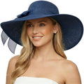 DRESHOW Beach Hats for Women Big Straw Wide Brim Summer Hat Floppy Foldable Roll up Cap Sun Hat UPF 50+ - color: Big Bow / Navy 5.9" Brim, 1 Pack