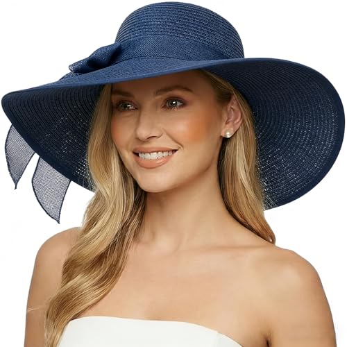 DRESHOW Beach Hats for Women Big Straw Wide Brim Summer Hat Floppy Foldable Roll up Cap Sun Hat UPF 50+ - color: Big Bow / Navy 5.9" Brim, 1 Pack