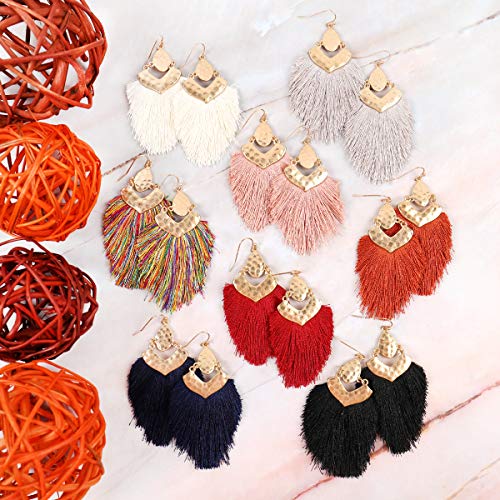 Bohemian Silky Thread Fan Fringe Tassel Statement Earrings - Lightweight Strand Feather Shape Dangles - color: Bohemian Fringe - Red