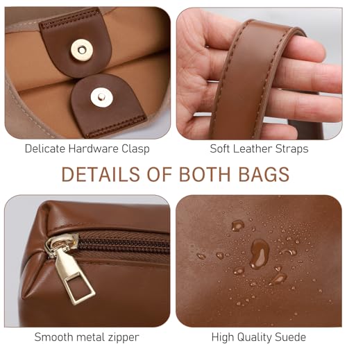 2-Piece Vegan Leather Purse Set for Women: Slouchy Hobo Shoulder Bag & Suede Tote Bag - color: Beige