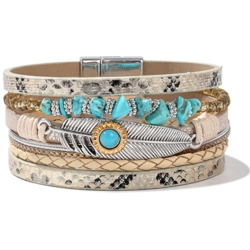 FANCY SHINY Turquoise Boho Leather Bracelet Stackable Chunky Wrap Bangle Bracelets Cowboy Cowgirl Chic Western Jewelry Gift for Women - color: Gold
