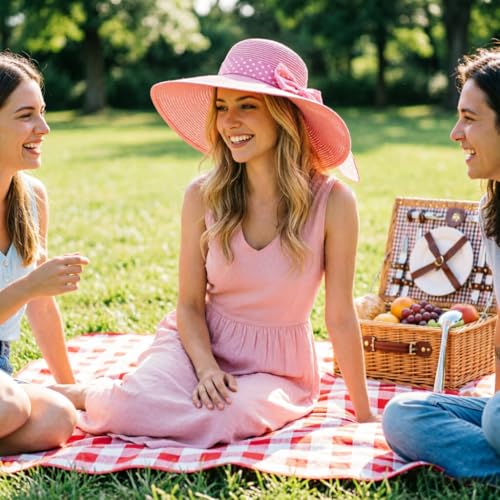 DRESHOW Beach Hats for Women Big Straw Wide Brim Summer Hat Floppy Foldable Roll up Cap Sun Hat UPF 50+ - color: 1 Pc: Pink With White Polka Dots