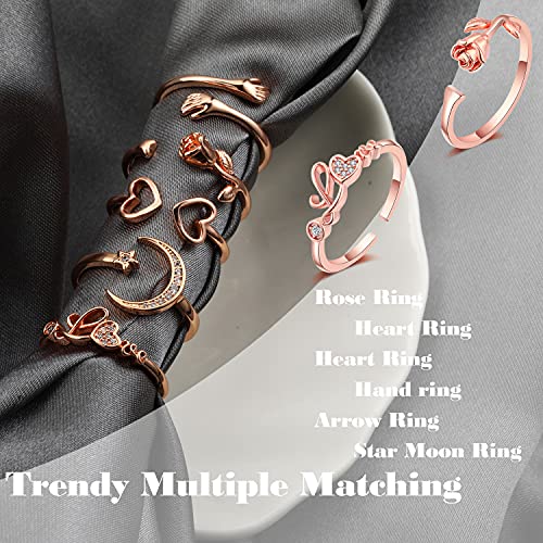 KOHOTA 12PCS Adjustable Knuckle Rings for Women 14K Gold Plated Silver Simple Stacking Rings Pack Open Knot Star Moon Butterfly Dainty Thumb Ring Set for Women - color: 2-Rose gold color