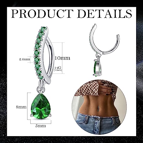 FIBO STEEL 14G Clicker Belly Rings 316L Surgical Steel Dangle Belly Button Ring CZ Teardrop Pendant Navel Rings Barbell Body Piercing Jewelry - color: Green