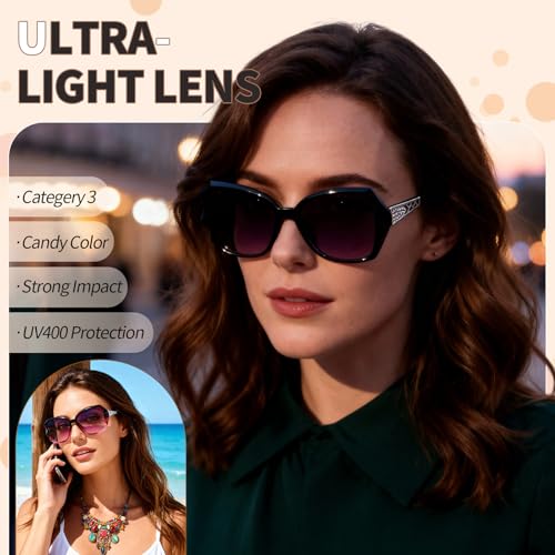 3/4 Pcs Women Large Sunglasses UV 400 Glasses Oversized Classic Trend Ladies Sunglasses with Shiny Large Frame - color: Black/Brown/Purple