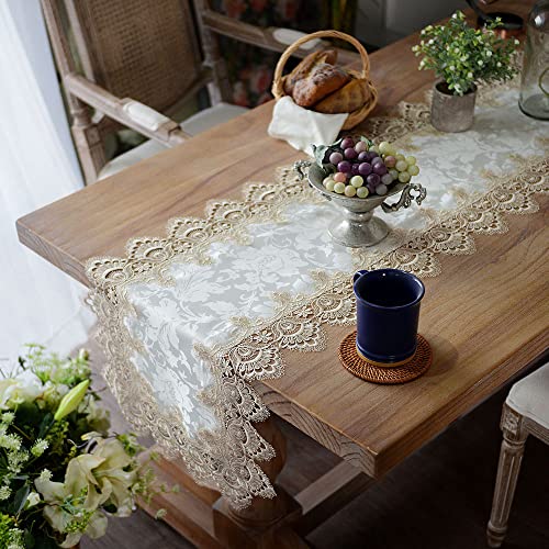 ARTABLE Lace Table Runner Macrame Farmhouse Boho Christmas Rustic Embroidered Dresser Scarf Oblong for Wedding Shower Kitchen Outdoor Party Decor (Light Brown, 16 x 96 Inch) - color: Light Brown, size: 16 x 96 Inch