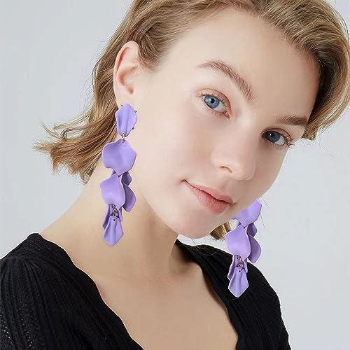 Long Acrylic Rose Petal Earrings Dangle Exaggerated Flower Earrings Drop Statement Floral Tassel Earrings for Women - color: Violet