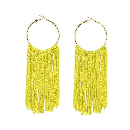 Boho Long Tassel Dangle Earrings for Women Lightweight Circle Hoop Silky Thread Fringe Drop Statemen Earrings - color: yellow