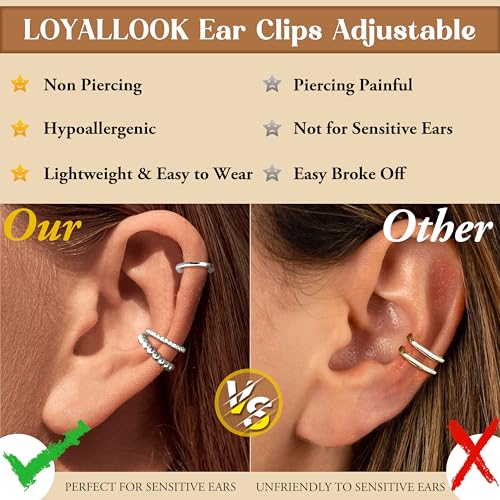 LOYALLOOK Ear Cuff Earrings for Women 14K Gold Plated Ear Cuffs Non Piercing Clip on Cartilage Earring Trendy Fake Earrings Hypoallergenic Huggie Hoop Clip Cuff Earring Lightweight - color: silver-simple A