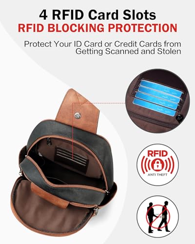 FADEON Large Sling Bag for Women, Leather Crossbody Purse Designer Anti Theft Sling Backpack, RFID Fanny Packs for Travel - color: Retro Black With Brown
