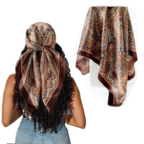 Hexchasty 35”Head Scarf Satin Silk Like Hair Scarf Large Square Head Scarves Bandana Head Wraps Headscarfs for Women Green - color: A-coffee