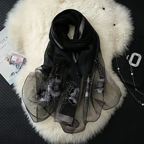WINCESS YU Women Mulberry Silk Scarf Long & Large Embroidered Floral Pattern Shawl and Wraps Neckerchief for Hair & Neck - color: Sunflower Black
