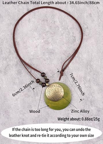 Kelake Leather Necklace for Women Men Teen Vinatge Boho Alloy Pendant Choker Jewelry Fashion Sweater Necklaces with Adjustable Genuine Leather Chain - color: Gold & Green Wood 2 Layers Round Pendant