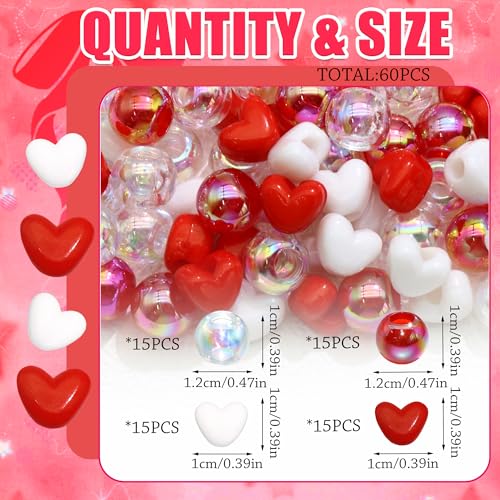 60PCS Red Heart Hair Beads White Clear Round Beads Kids Girls Valentine's Day Loc Jewelry Dreadlock Bead Cute Acrylic Pony Bead Hair Accessories - color: Red&White