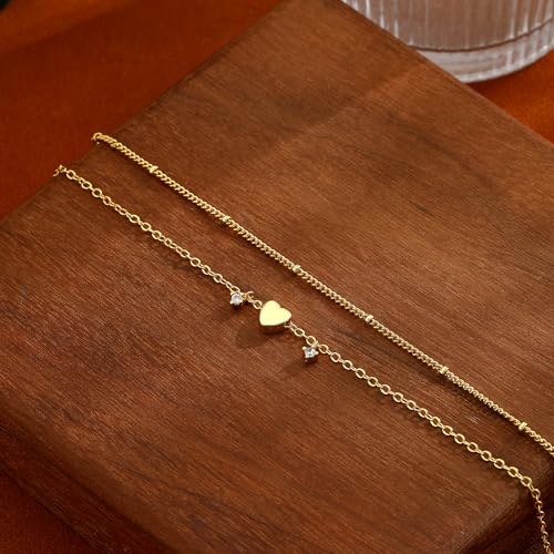 ASCOMY Ankle Bracelets for Women 14K Gold/Silver Plated Anklets for Women Waterproof Layered Cute Beads Dot Shining Twist Rope Chain Pearl Bar Link Heart Anklets Summer Beach Foot Chain Jewelry Gifts - style: CZ Heart Satellite-GD